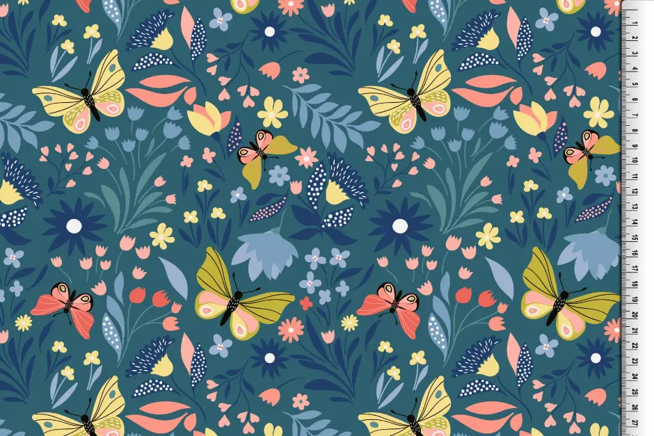 French Terry Blumen Schmetterling blau