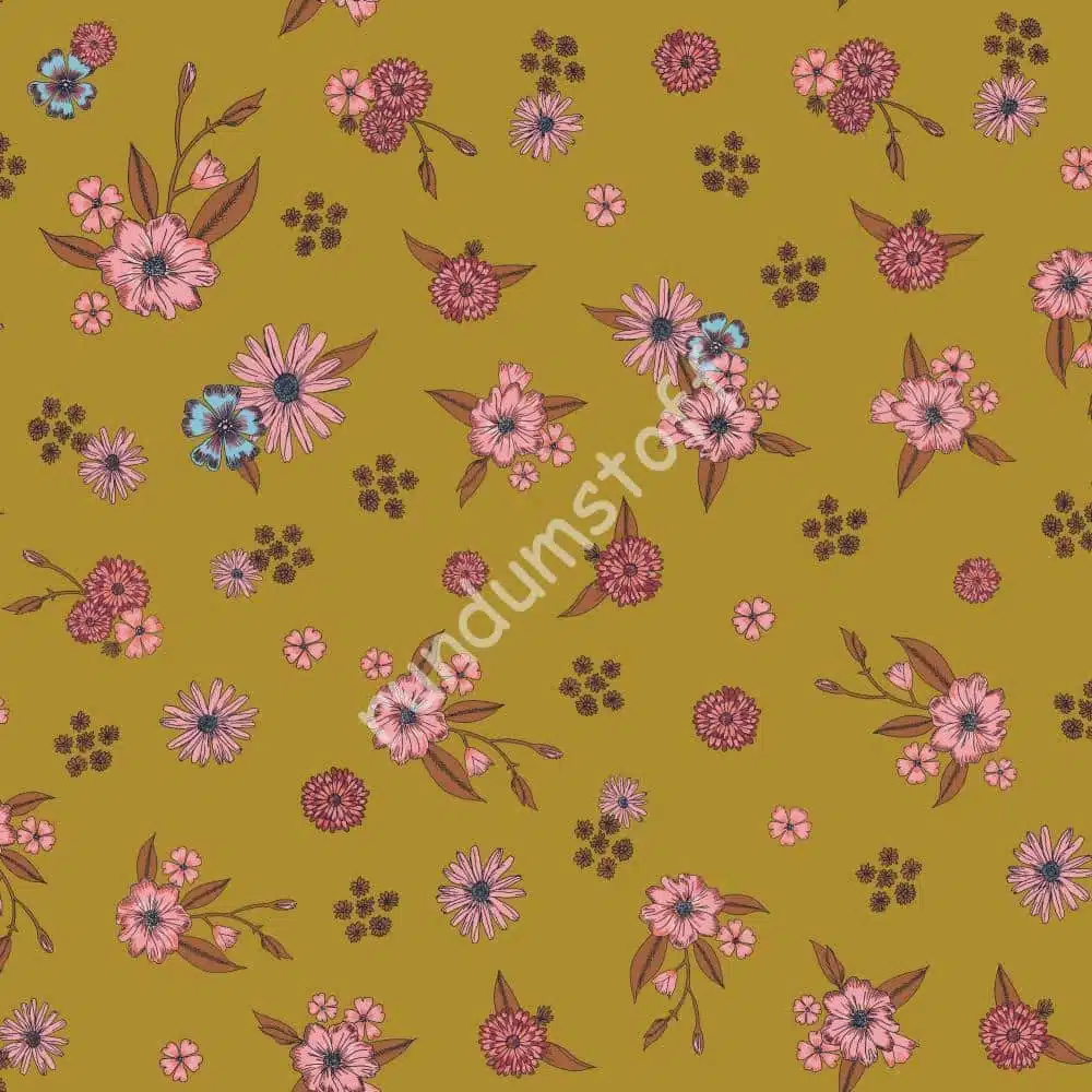 Viskose Jersey Blumen auf ocker